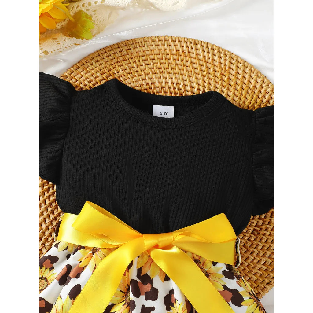 Summer Child Girl Fashion Dress Petal Sleeve Patchwork Sunflower Dress with Big Bow Birthday Party Costume for Kids 4-7 Years