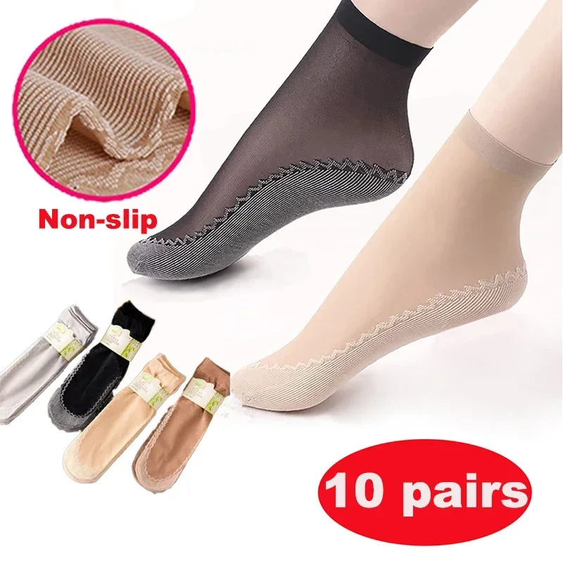 20Pcs=10Pais Summer Women Socks Non-Slip Sweat-Absorbing Cotton Soft Thin Breathable Fashion Sexy Silk Sock Ladies Transparent