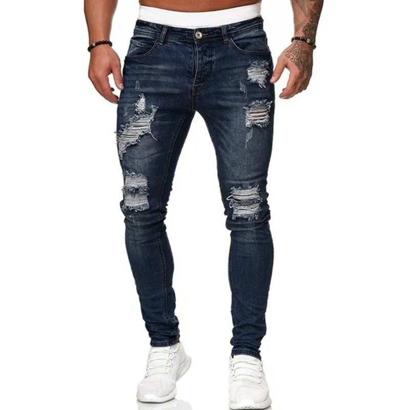 New Fashion Streetwear Ripped Skinny Jeans Men Vintage Wash Solid Denim Trouser Mens Casual Slim Fit Pencil Denim Pants Hot Sale