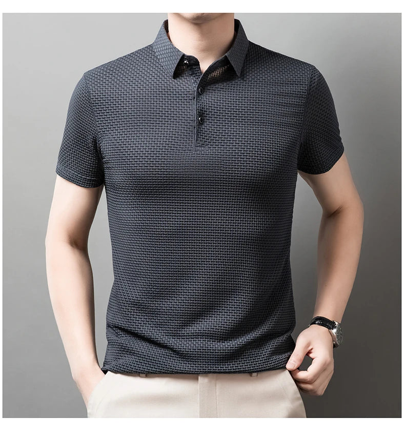 No Trace Of Ice Silk Polo Shirt Lapel Slim Business Casual Short-Sleeved T-Shirt Solid Color Buttons Summer Men's Clothing