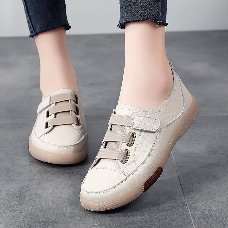 Summer Outdoor Women Jogging Casual Shoes Cow Leather Soft Sole Slip-on Flat Loafers Ladies Sneakers Breathable Walking Trainers