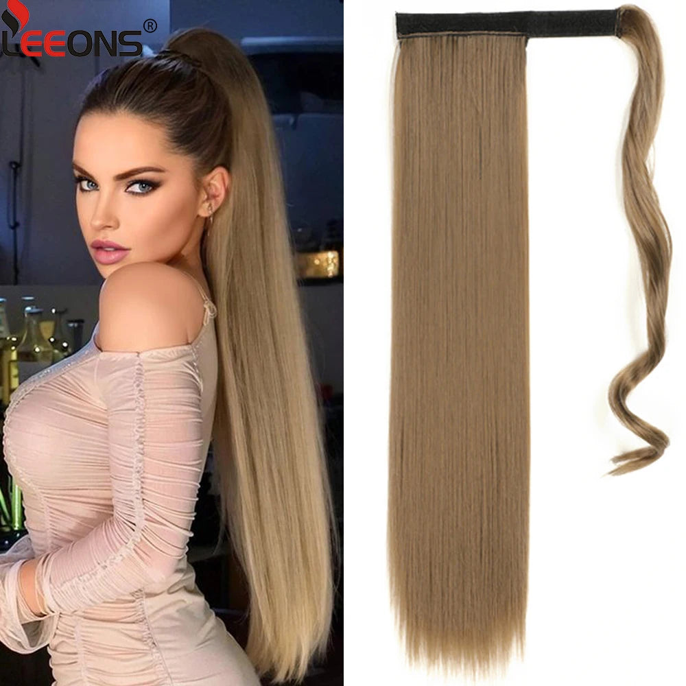 Synthetic Straight Black Wrap Around Ponytails Hair Extensions 22 Inch Fake Hair Piece Wig Heat Resistant Ponytail For Women