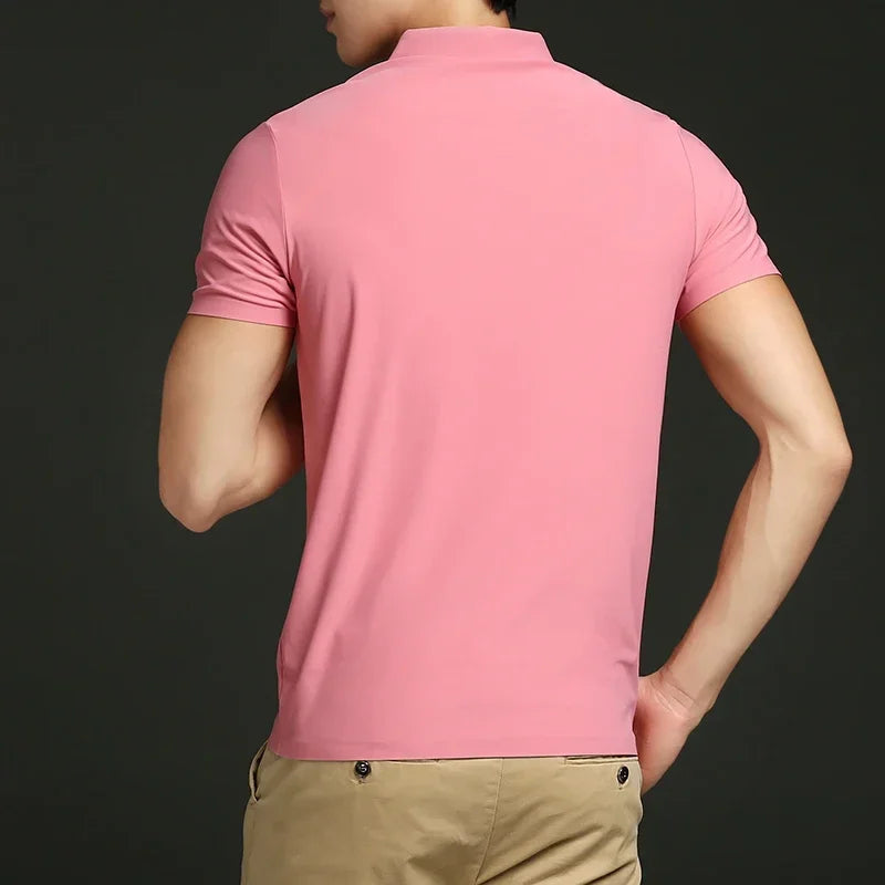 Summer T-shirt Short Sleeve Stretch Ice Silk Polo Shirt Men Business Casual Lapels Slim-Fitting Seamless Mercerized Thin Top Men