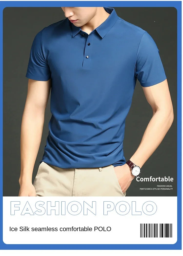 Summer T-shirt Short Sleeve Stretch Ice Silk Polo Shirt Men Business Casual Lapels Slim-Fitting Seamless Mercerized Thin Top Men