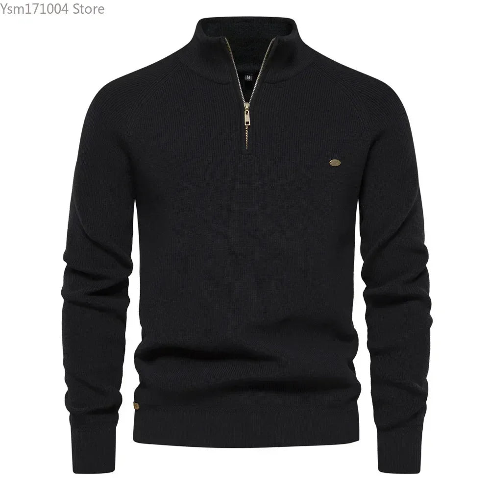 New Men's Sweater Half High Neck Zipper Solid Elastic Slim Fit Long Sleeve Pullover Casual Business Men Knitted Pullover Sweater