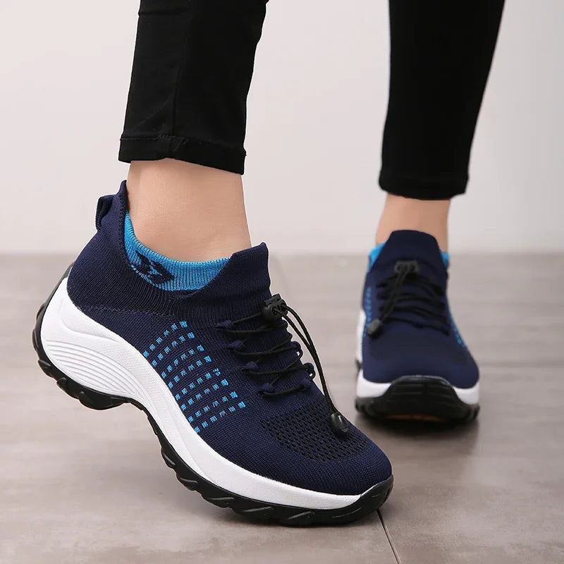 Women's Walking Shoes Fashion Sock Sneakers Mesh Breathe Comfortable Nursing Trainers Casual Platform Loafers Non-Slip Elevator