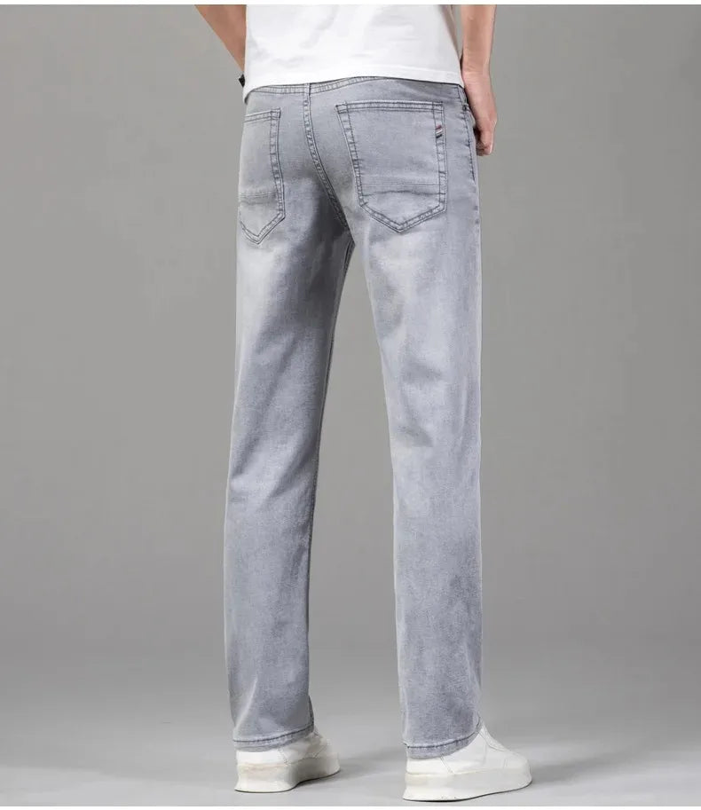 Summer Thin Men's Cotton Jeans New Fashion Gray Elastic Straight Business Casual Pants Comfortable Brand Trousers