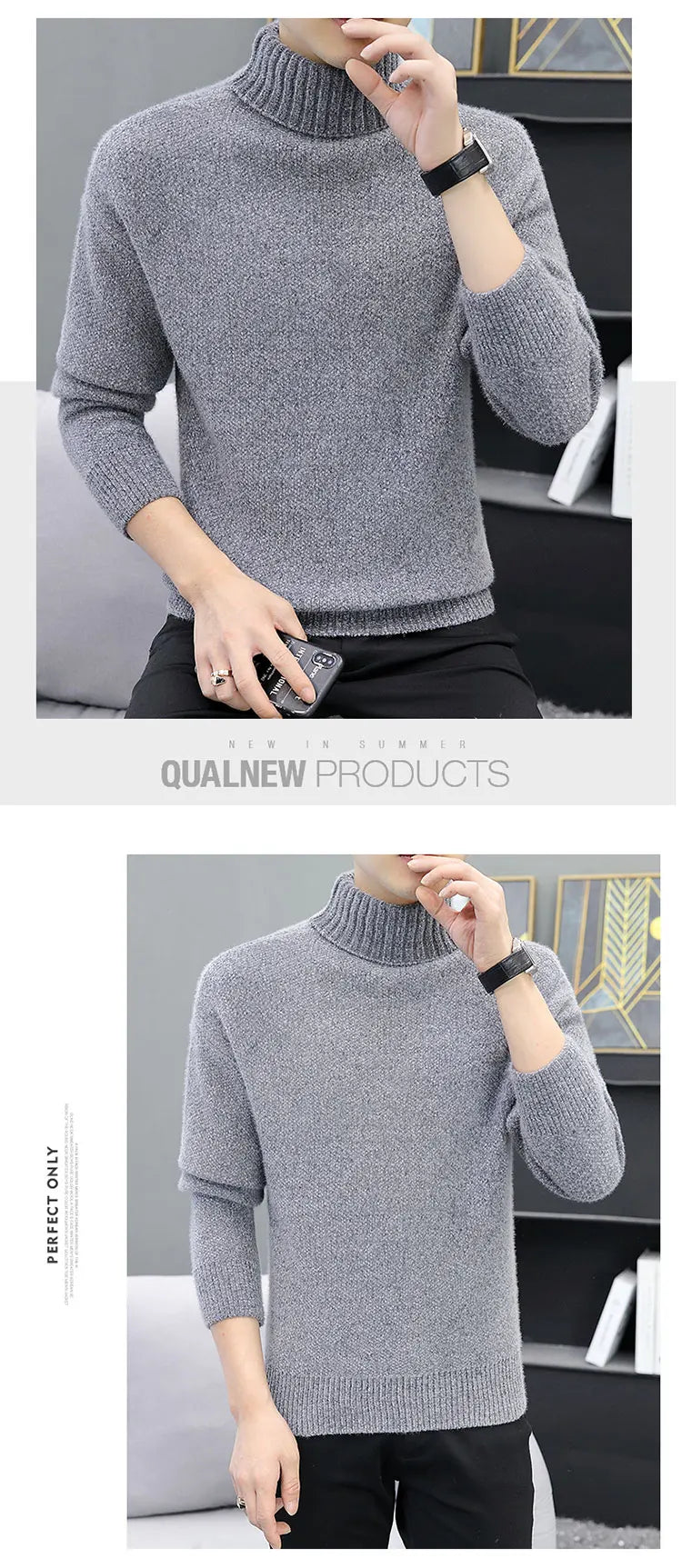 2024 Men Brand High Neck Knitted Pullover New Arrivals Male Fashion Streetwear Casual Slim Solid Color Turtleneck Sweater Male