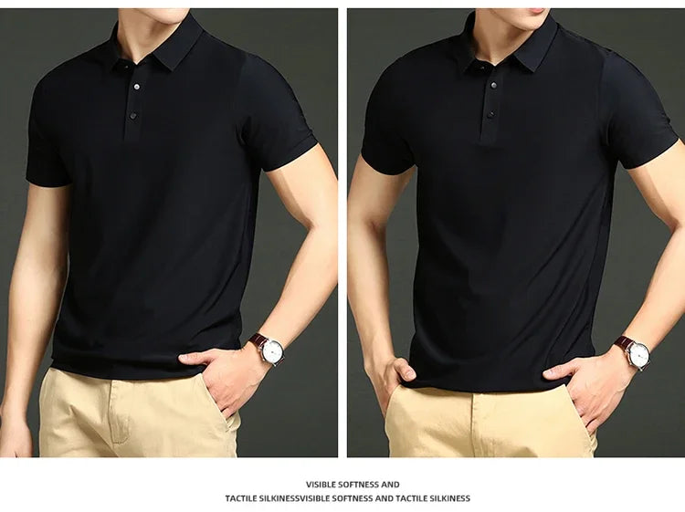 Summer T-shirt Short Sleeve Stretch Ice Silk Polo Shirt Men Business Casual Lapels Slim-Fitting Seamless Mercerized Thin Top Men