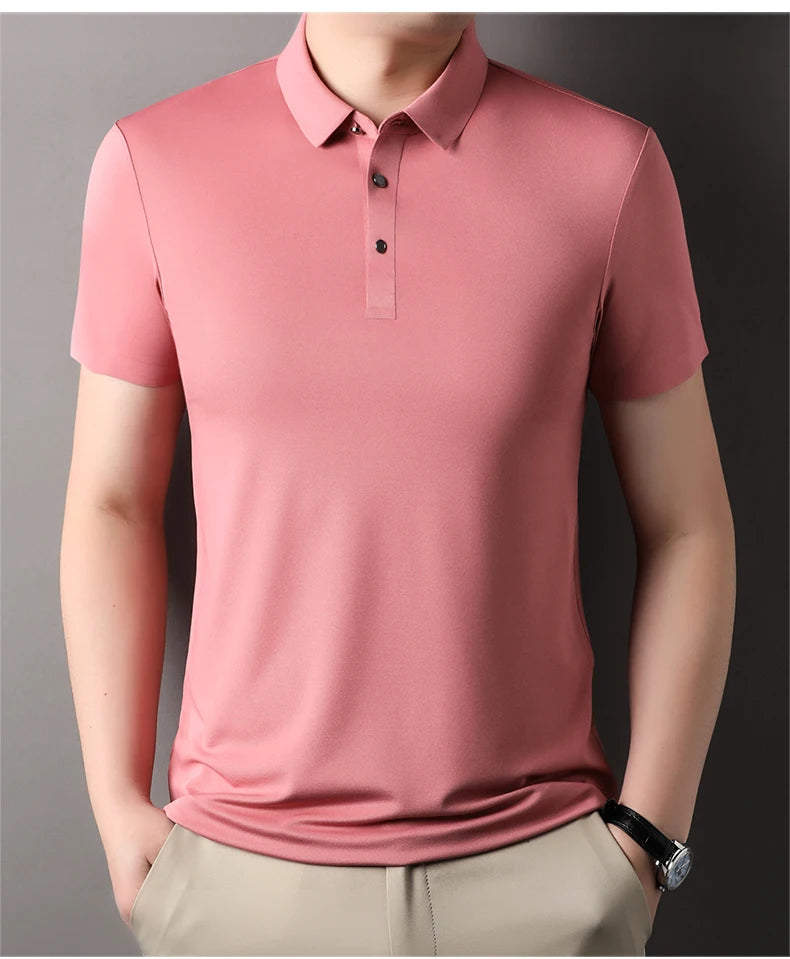 Summer Classic High Quality Solid Color Breathable Men's Short sleeved POLO Shirt Comfortable Ice Silk Casual Business T-shirt