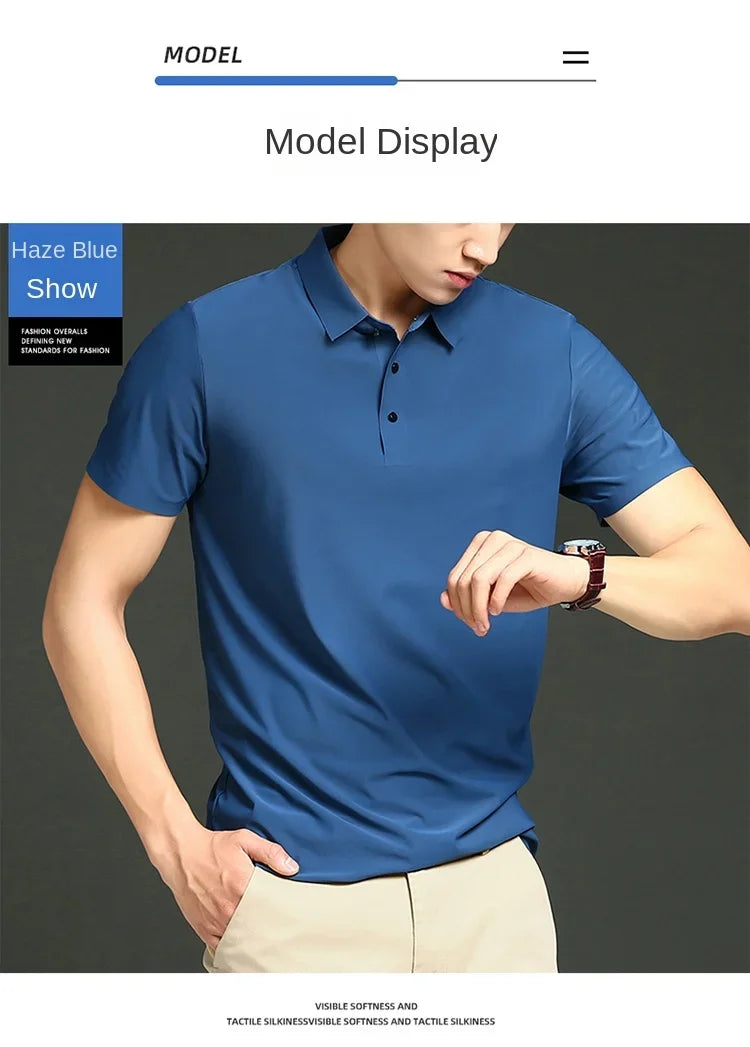 Summer T-shirt Short Sleeve Stretch Ice Silk Polo Shirt Men Business Casual Lapels Slim-Fitting Seamless Mercerized Thin Top Men