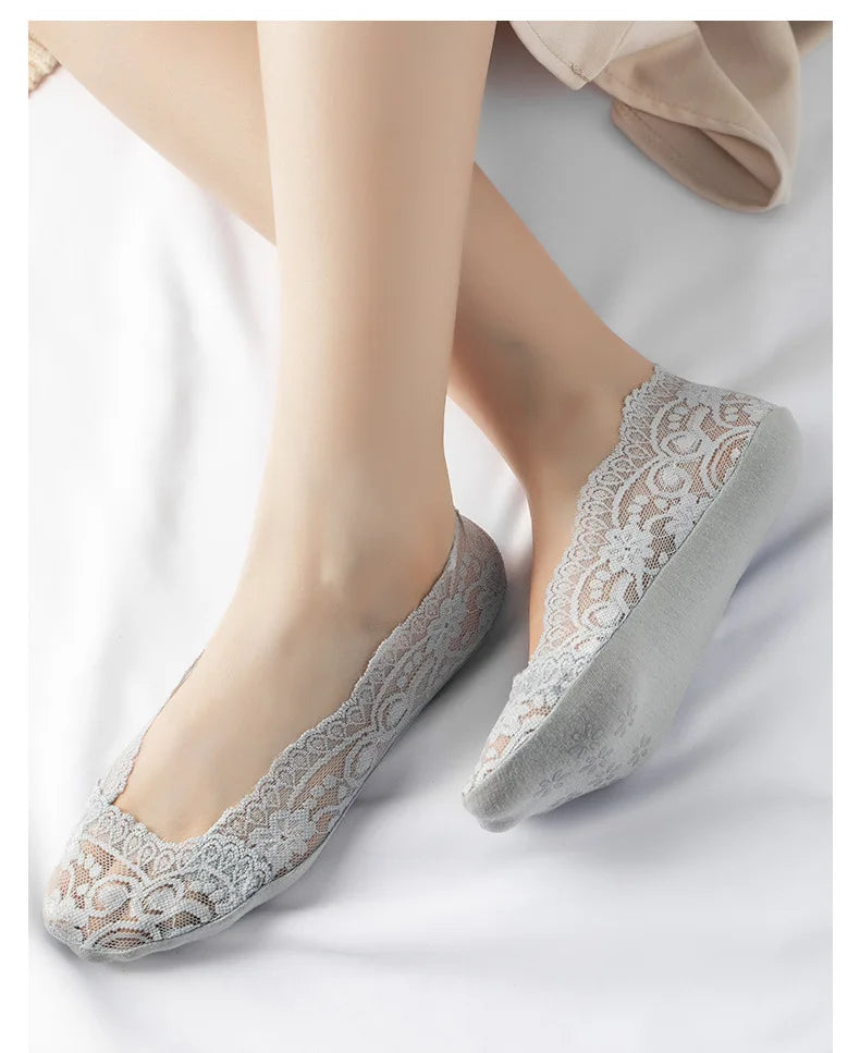 1/5pairs Ballet Lace Flower Sock Slippers Women Summer Silicone Non-slip Ankle Sox Invisible Slipper Lady Hollow Boat Socks Sox