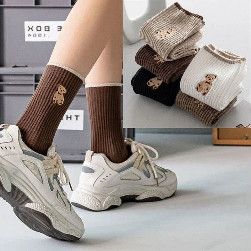 1/5pairs Cartoon Bear Socks Soft Cotton Socks Autumn Coffee Stockings Kawaii Women Socks Korean Casual Stockings Women Hosiery