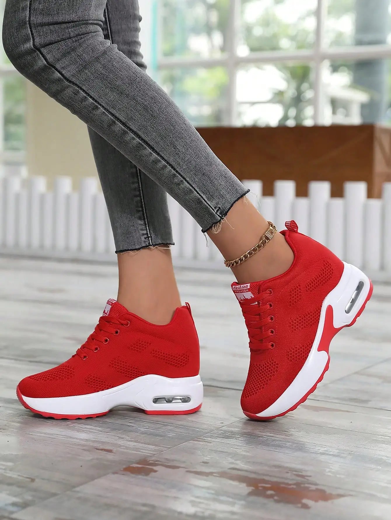 Women Knit Lace Up Platform Shoes Air Cushion Sneakers 8 cm Height Wedge Sneakers Red Casual Shoes Zapatillas Mujer 1912 v