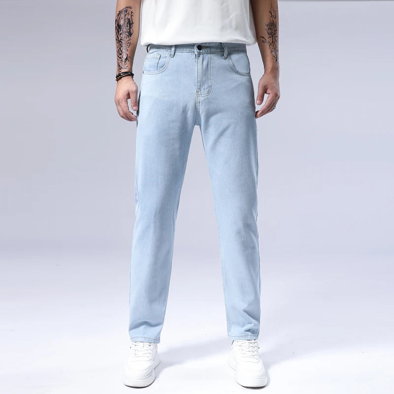 New Men's Jeans Autumn Pants Straight Fashion Light Blue Jean Casual Work Classic Denim Pant Cotton Trousers Male