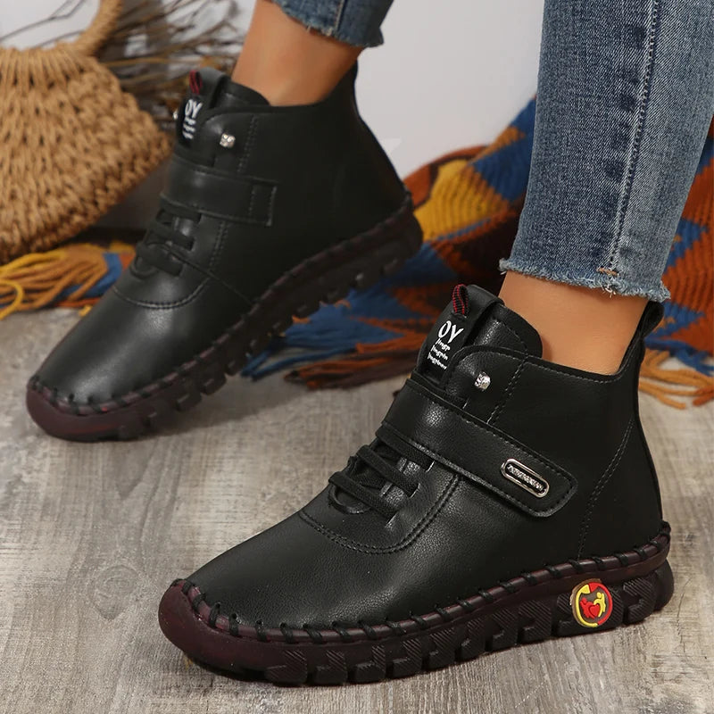 Pu Leather Red Boots Woman Soft Bottom Orthopedic Autumn Winter Shoes Women Plus Size Fleece Ankle Boots for Women Mom Moccasins