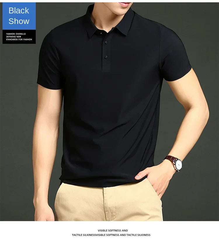 Summer T-shirt Short Sleeve Stretch Ice Silk Polo Shirt Men Business Casual Lapels Slim-Fitting Seamless Mercerized Thin Top Men