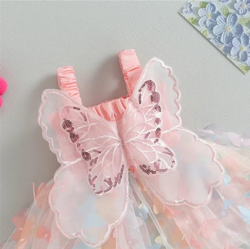 Summer Girl's Dress Sweet Suspender Wrap Waist Colorful Butterfly Mesh Back Big Wings Princess Skirt Suitable for Aged 80-110