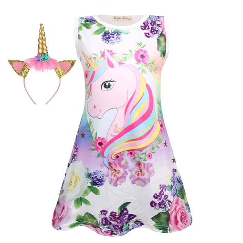 2023 New Summer Children Princess Dress Cartoon Unicorn Butterfly Cotton Dress Sleeveless Party Girl Kid Rainbow Dresses Clothes