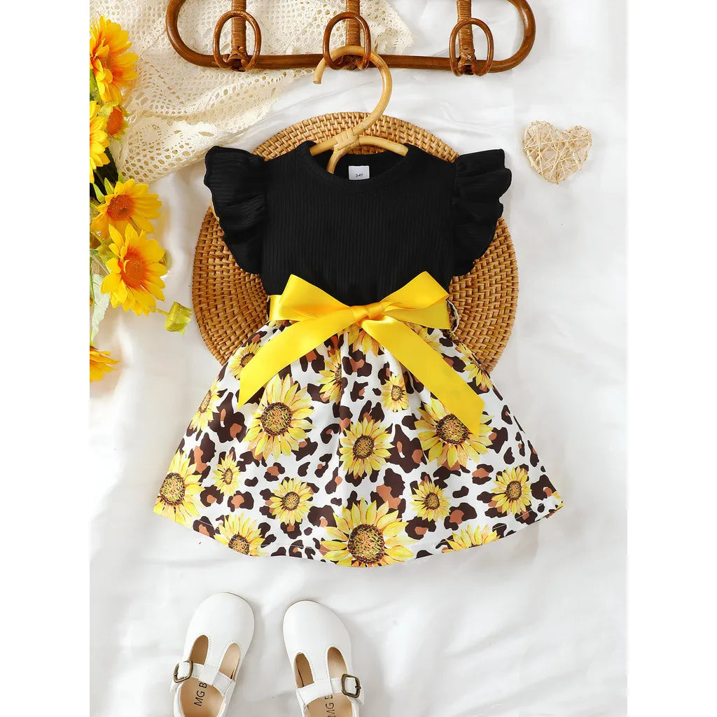 Summer Child Girl Fashion Dress Petal Sleeve Patchwork Sunflower Dress with Big Bow Birthday Party Costume for Kids 4-7 Years