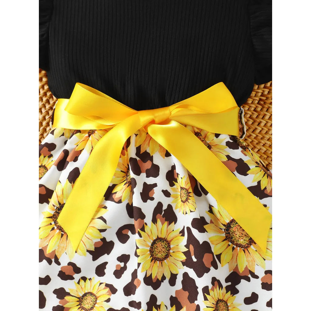 Summer Child Girl Fashion Dress Petal Sleeve Patchwork Sunflower Dress with Big Bow Birthday Party Costume for Kids 4-7 Years