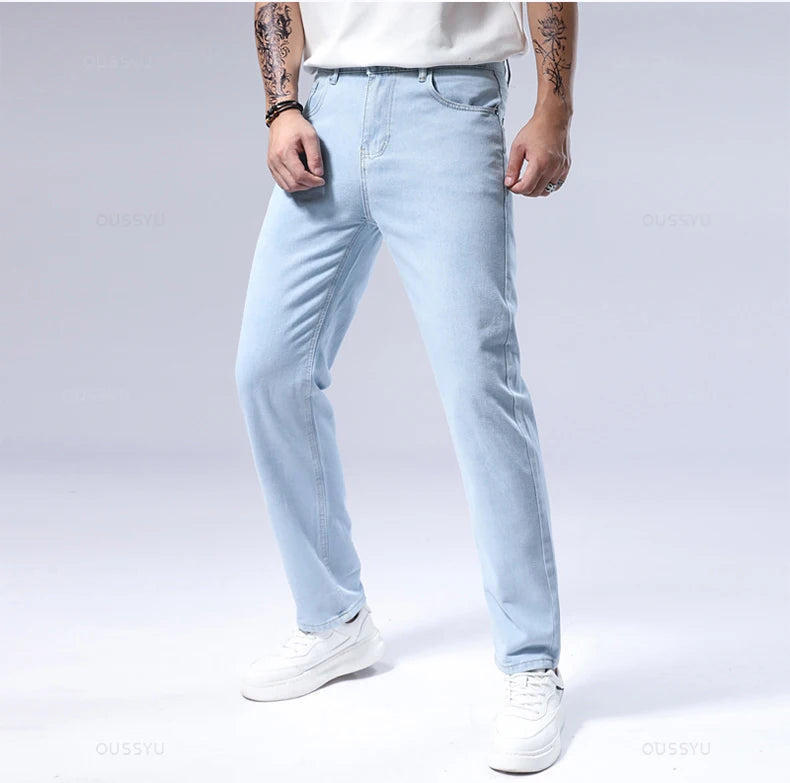 New Men's Jeans Autumn Pants Straight Fashion Light Blue Jean Casual Work Classic Denim Pant Cotton Trousers Male