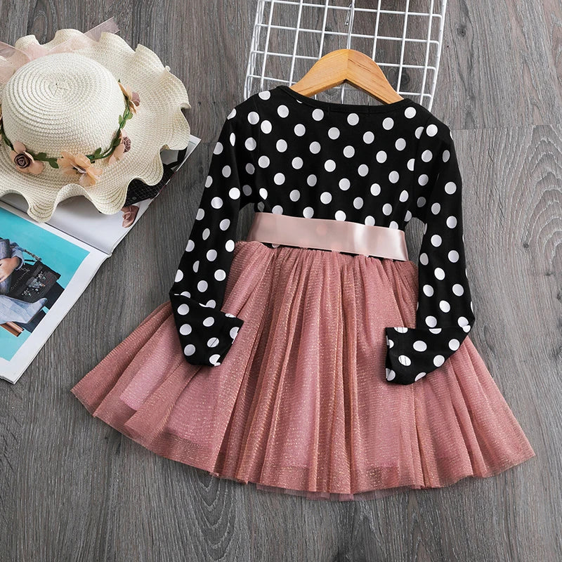 Polka Dot Tulle Kids Princess Dresses for Girls New Spring Autumn Wedding Birthday Party Vestido 3-8 Yrs Children Casual Clothes