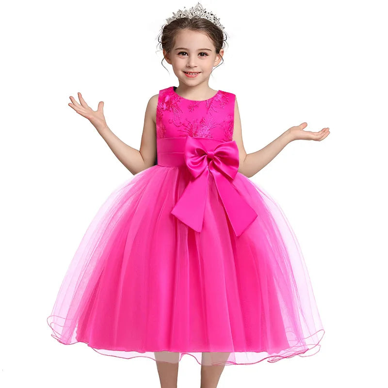 Girl Dress Flower Embroidered Bow Princess Dress Children Lace Mesh Tutu Wedding Christmas Birthday Party Dress Girl Dress