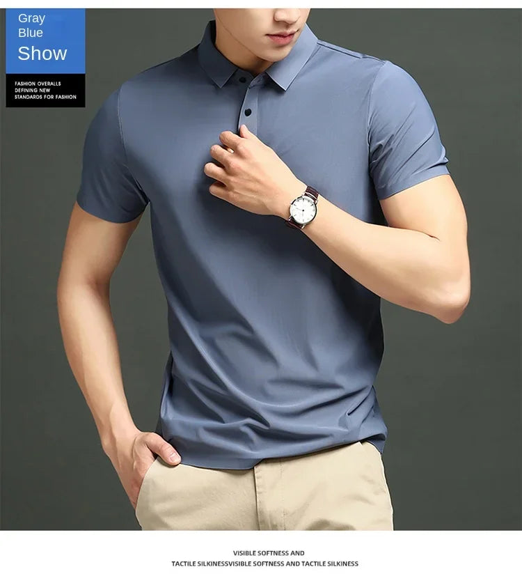 Summer T-shirt Short Sleeve Stretch Ice Silk Polo Shirt Men Business Casual Lapels Slim-Fitting Seamless Mercerized Thin Top Men