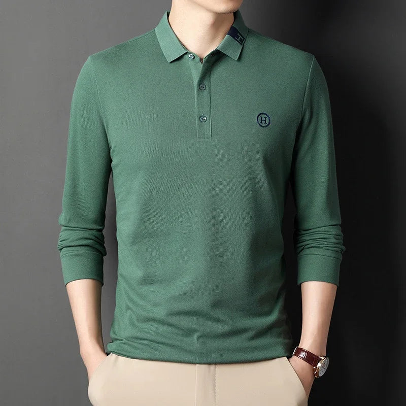 New Men's Casual Embroidery Long Sleeve Polo Shirt Fashion Solid Color Top