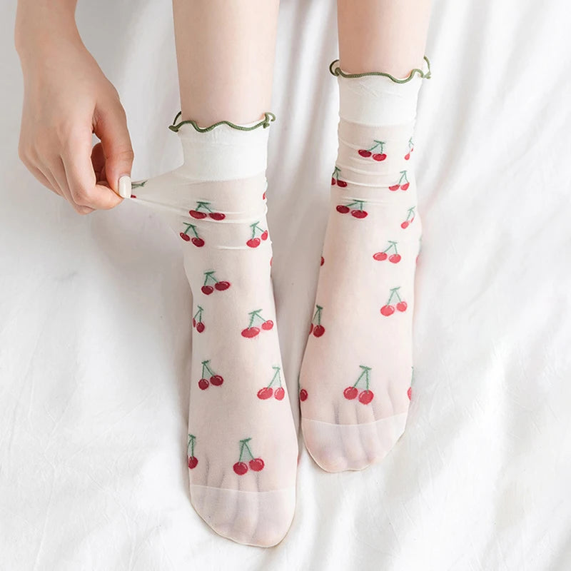 1 Pair Summer Breathable Ultra Thin Socks Women Transparent Lace Silk Crystal Rose Flower Girls Elastic Short Socks Female Sox